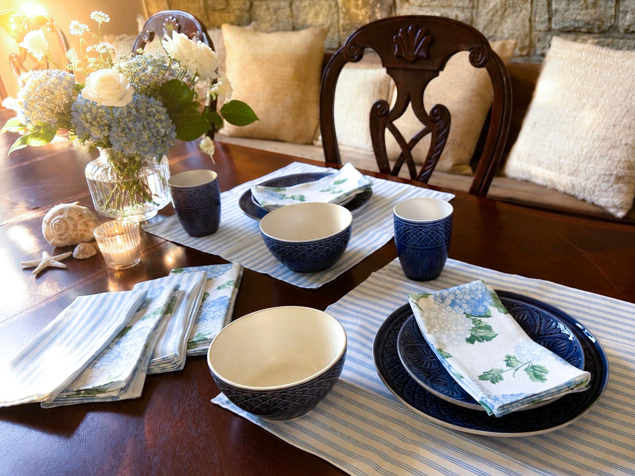Blue Hydrangea and Stripe Napkin Set